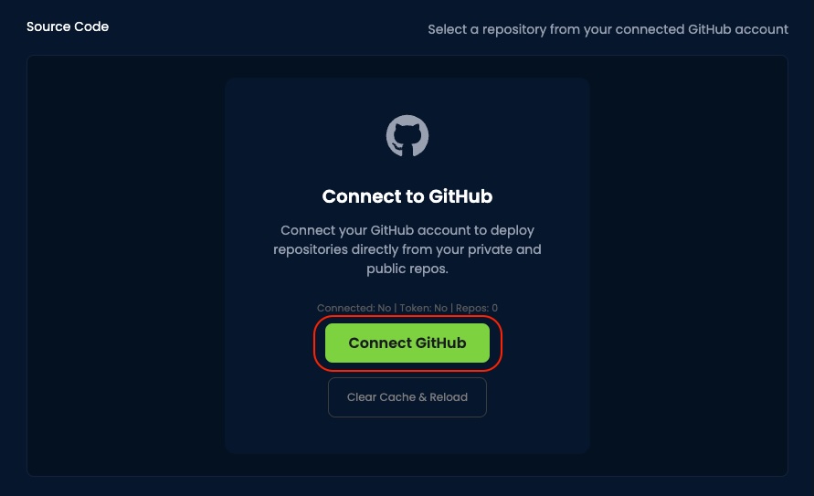 GitHub repository selection interface